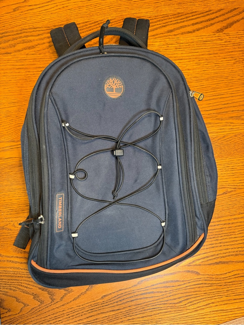 Timberland Navy and Tan Men's Outdoor Backpack with Front Elastic Cord